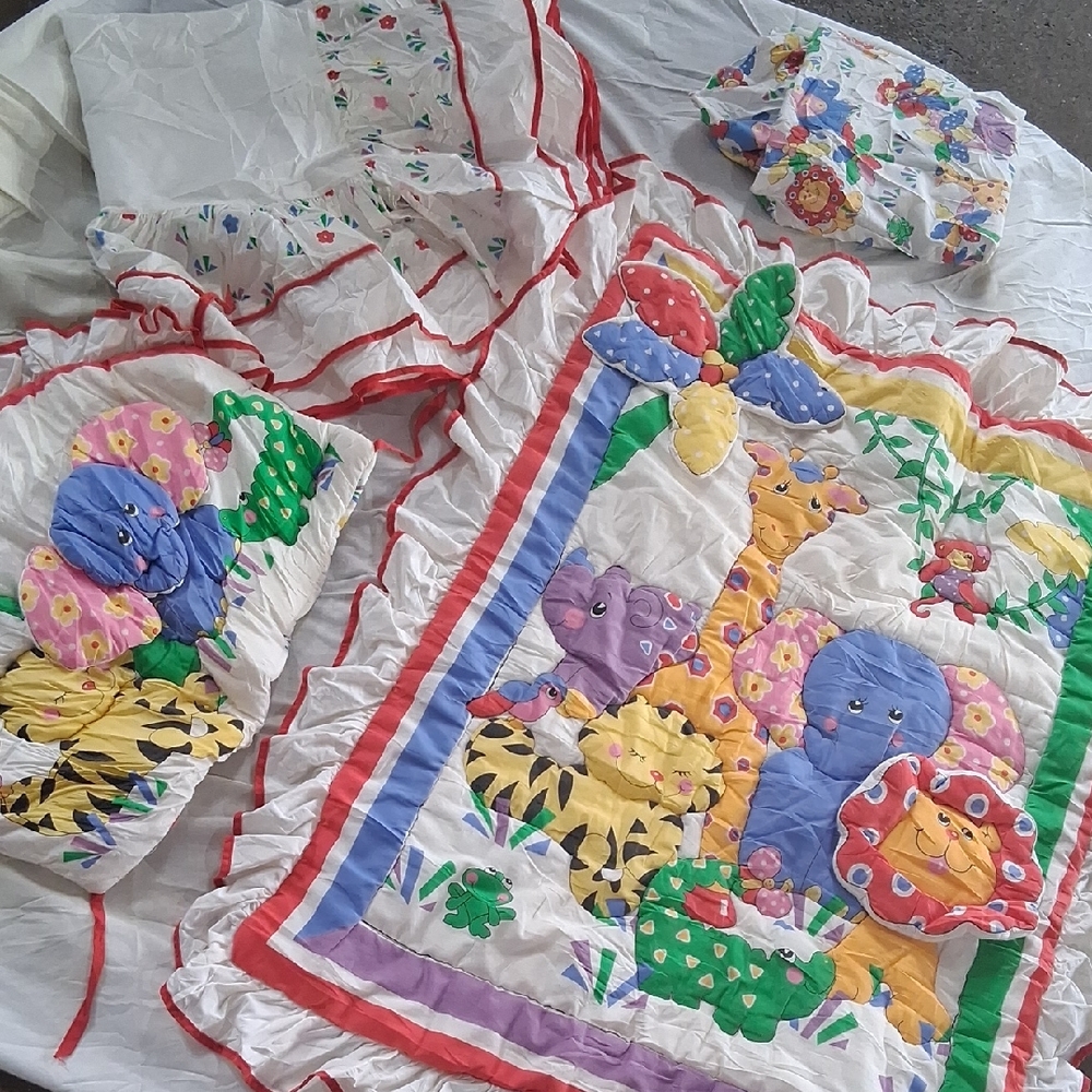 Vintage 1993 Colorful Animal Print Baby Bedding 4 Set